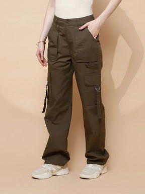 Olive Cotton Straight Relaxed Fit Cargo For Women