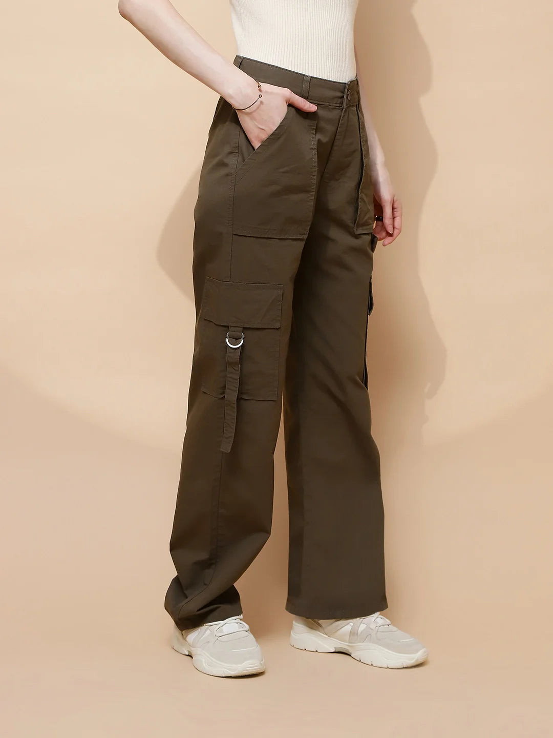 Olive Cotton Straight Relaxed Fit Cargo For Women