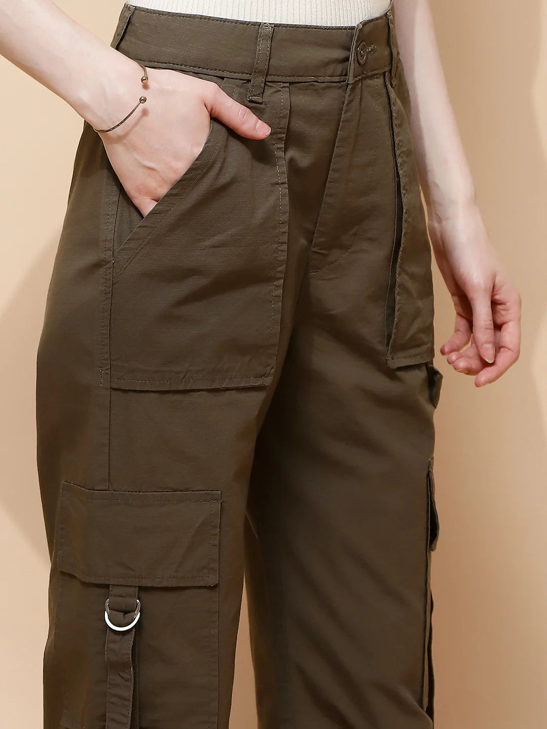 Olive Cotton Straight Relaxed Fit Cargo For Women