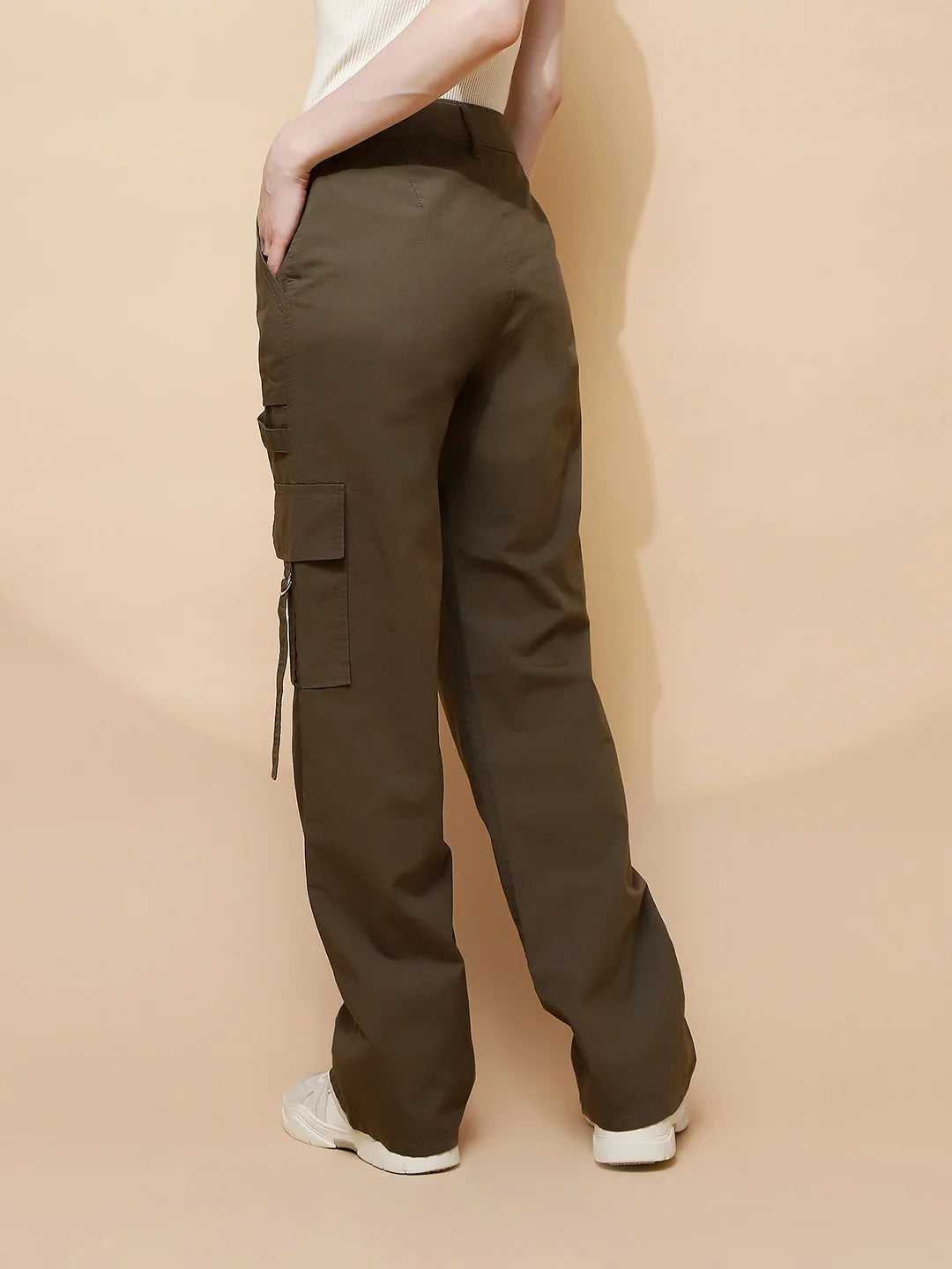 Olive Cotton Straight Relaxed Fit Cargo For Women