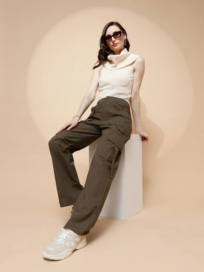 Olive Cotton Straight Relaxed Fit Cargo For Women