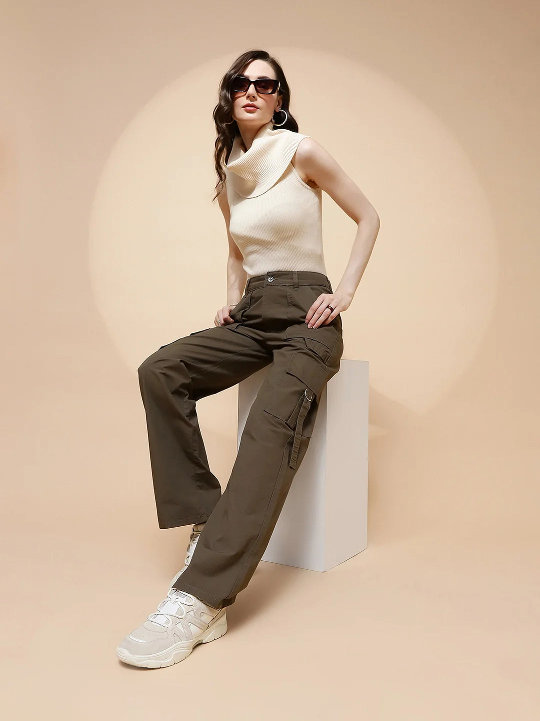 Olive Cotton Straight Relaxed Fit Cargo For Women