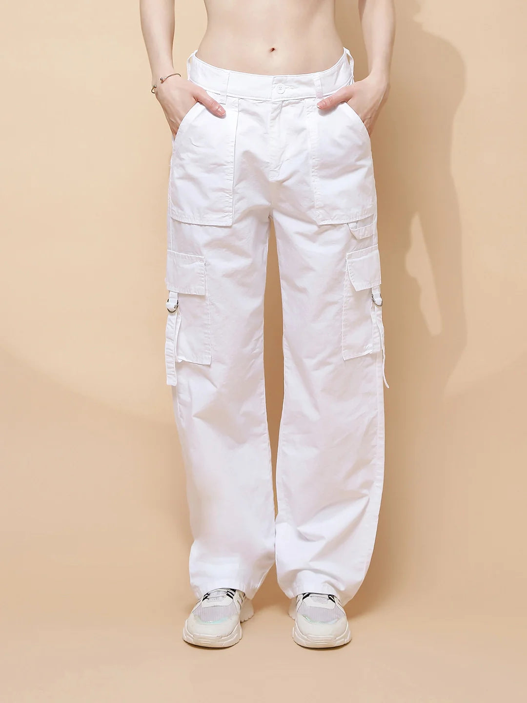 White Cotton Straight Relaxed Fit Cargo For Women