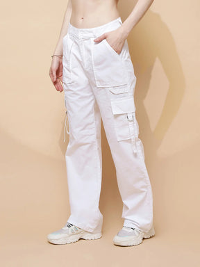 White Cotton Straight Relaxed Fit Cargo For Women