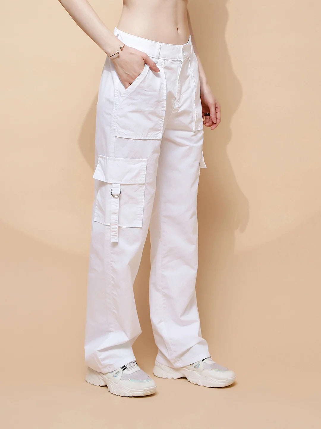 White Cotton Straight Relaxed Fit Cargo For Women