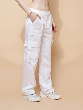 White Cotton Straight Relaxed Fit Cargo For Women