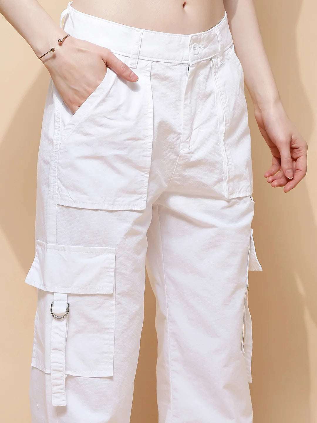 White Cotton Straight Relaxed Fit Cargo For Women