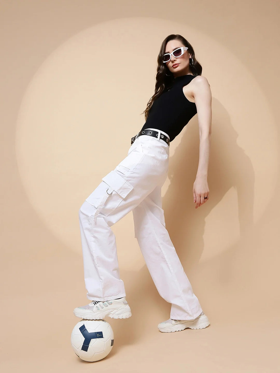 White Cotton Straight Relaxed Fit Cargo For Women