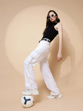 White Cotton Straight Relaxed Fit Cargo For Women