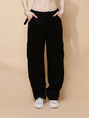 Black Cotton Straight Relaxed Fit Cargo For Women