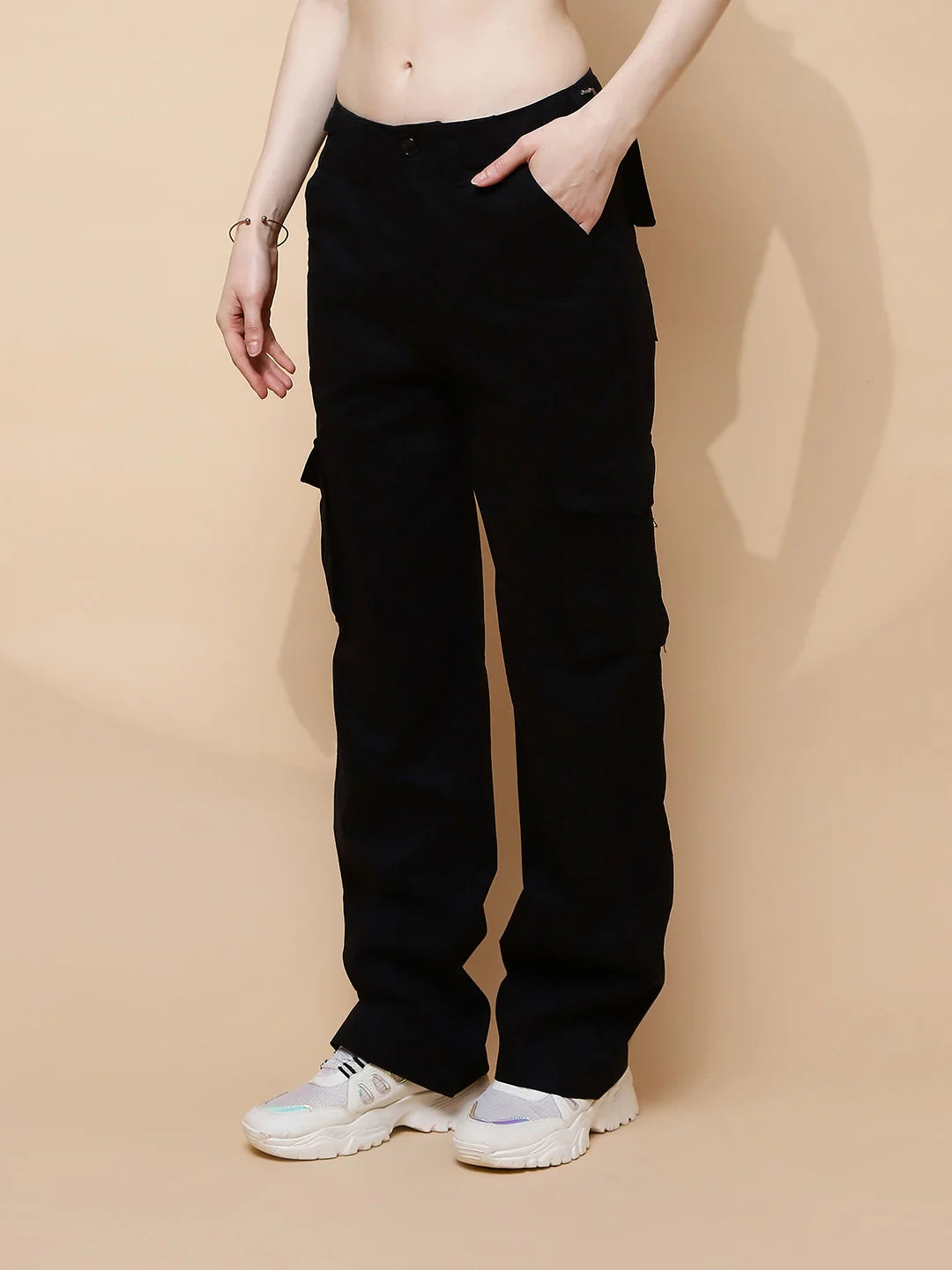 Black Cotton Straight Relaxed Fit Cargo For Women