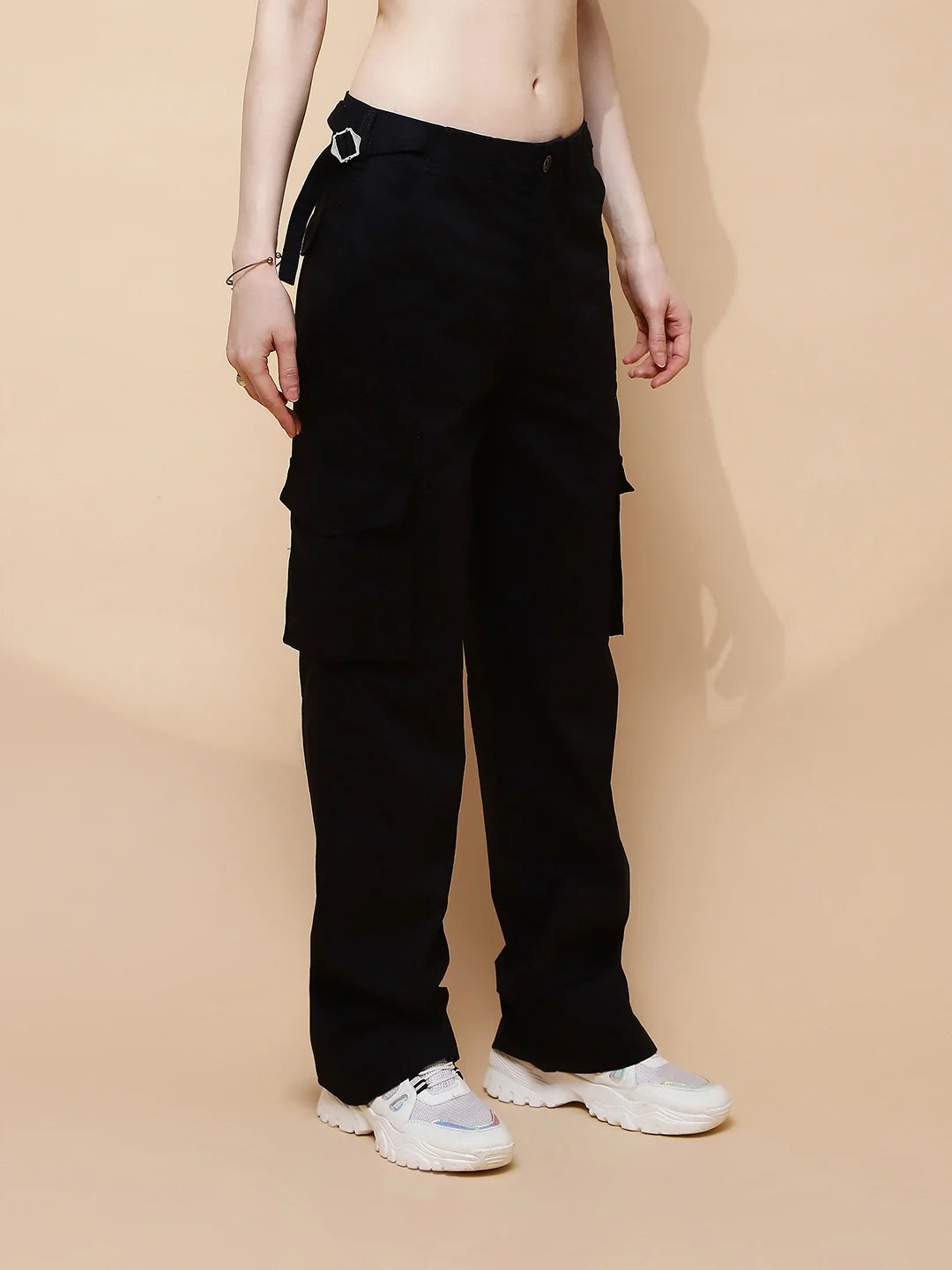 Black Cotton Straight Relaxed Fit Cargo For Women