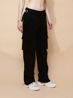 Black Cotton Straight Relaxed Fit Cargo For Women