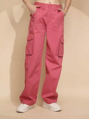 Peach Cotton Straight Relaxed Fit Cargo For Women