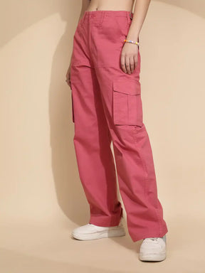 Peach Cotton Straight Relaxed Fit Cargo For Women