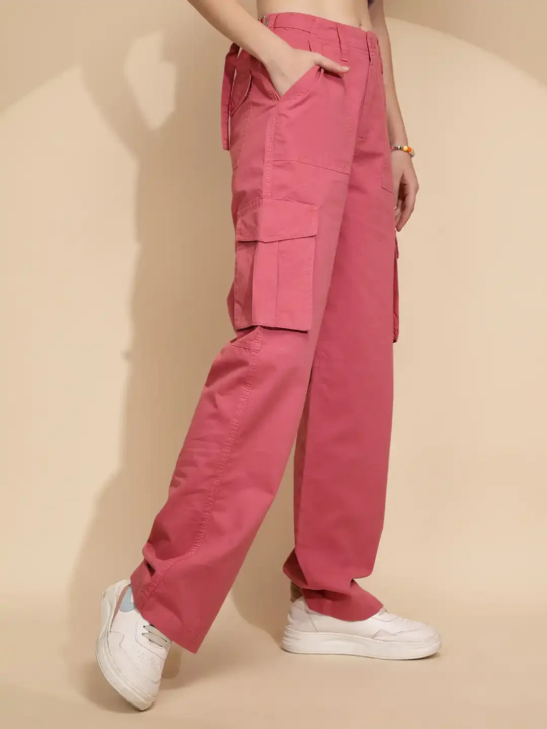 Peach Cotton Straight Relaxed Fit Cargo For Women