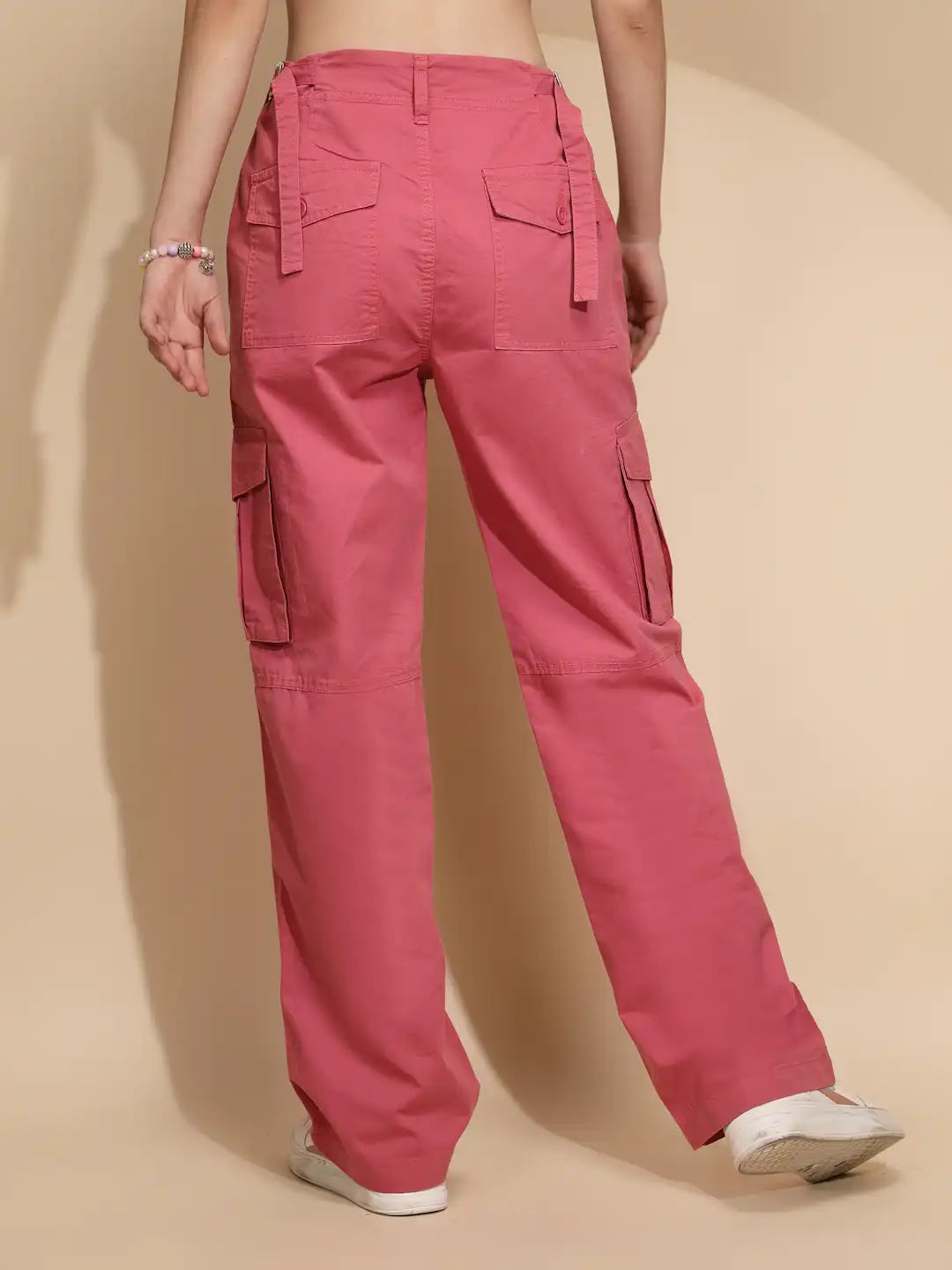 Peach Cotton Straight Relaxed Fit Cargo For Women