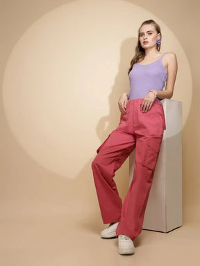 Peach Cotton Straight Relaxed Fit Cargo For Women