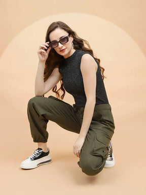 Dark Olive Cotton Loose Fit Jogger For Women