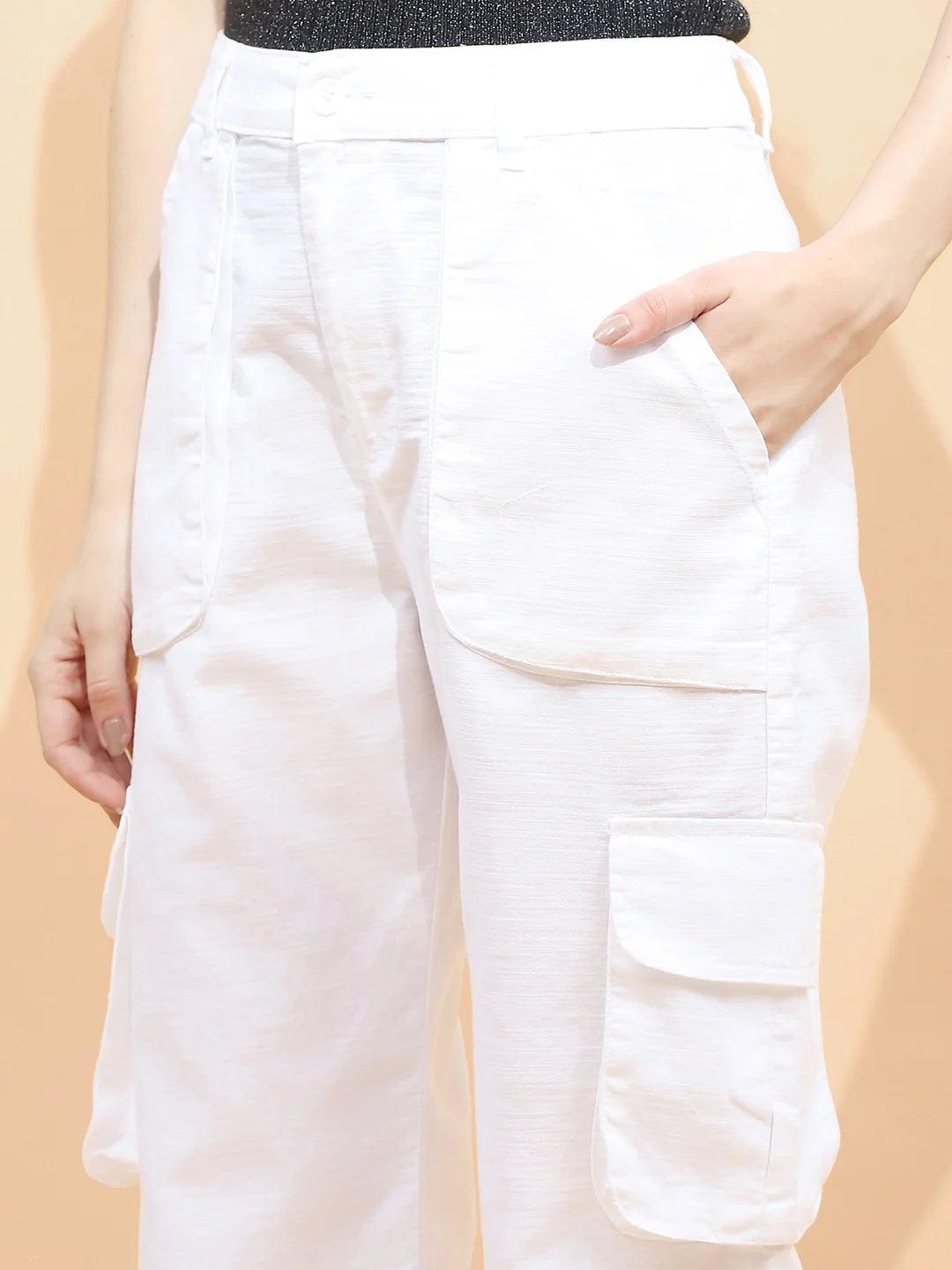 White Cotton Straight Relaxed Fit Jogger For Women