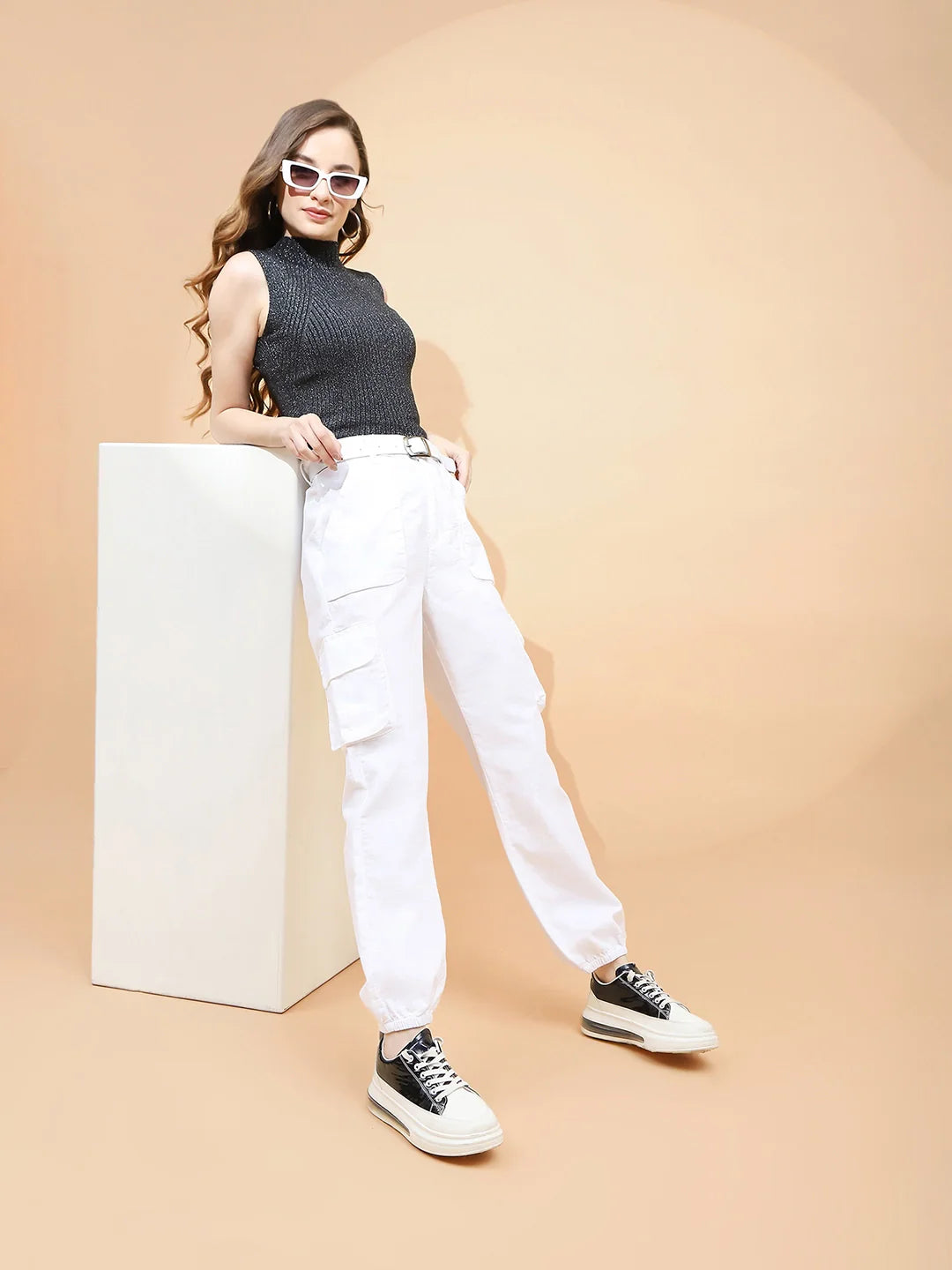 White Cotton Loose Fit Jogger For Women