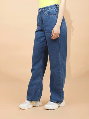 Blue Cotton Blend Relaxed Fit Jeans For Women