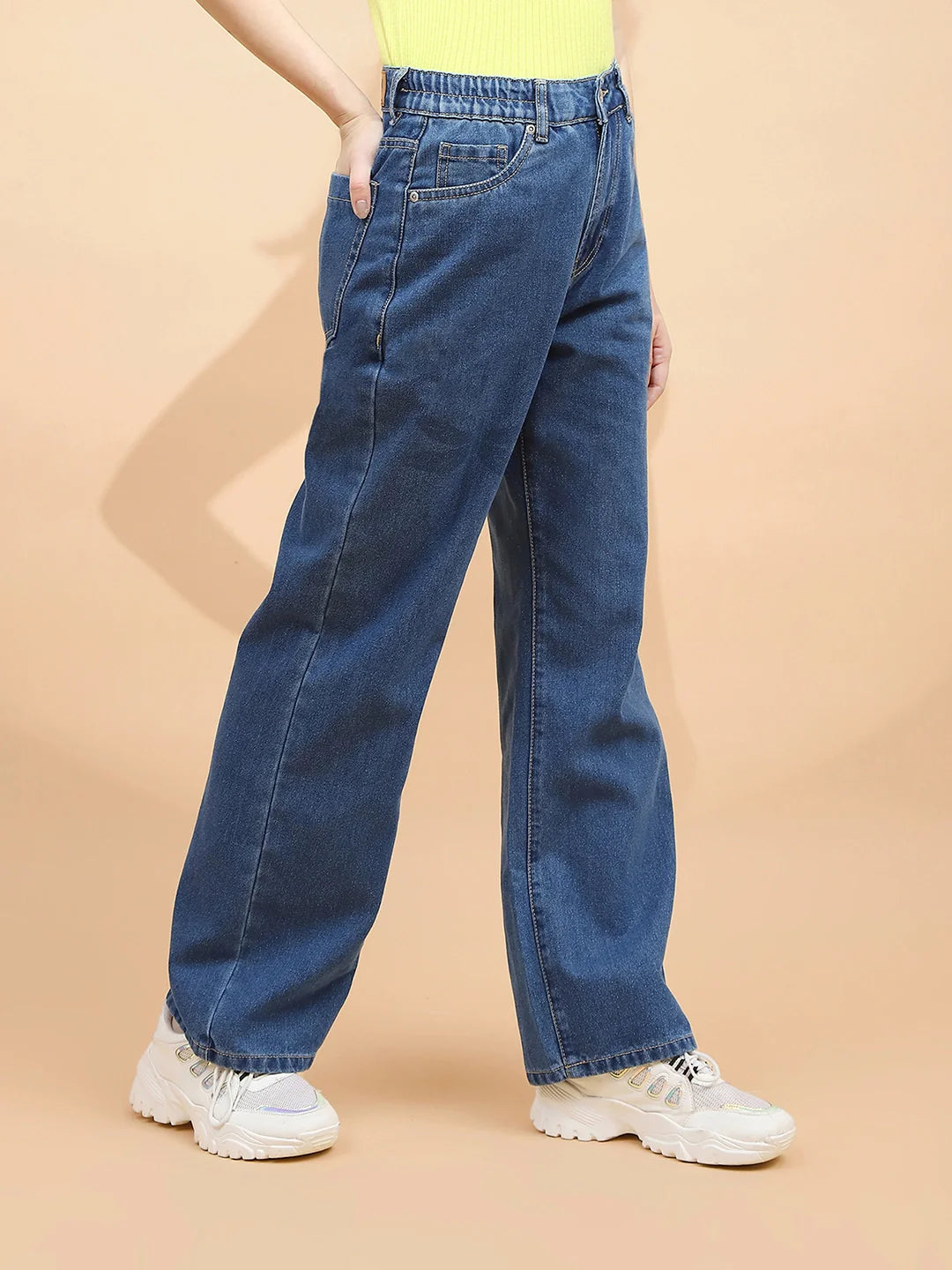 Blue Cotton Blend Relaxed Fit Jeans For Women