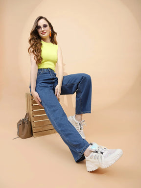 Blue Cotton Blend Relaxed Fit Jeans For Women