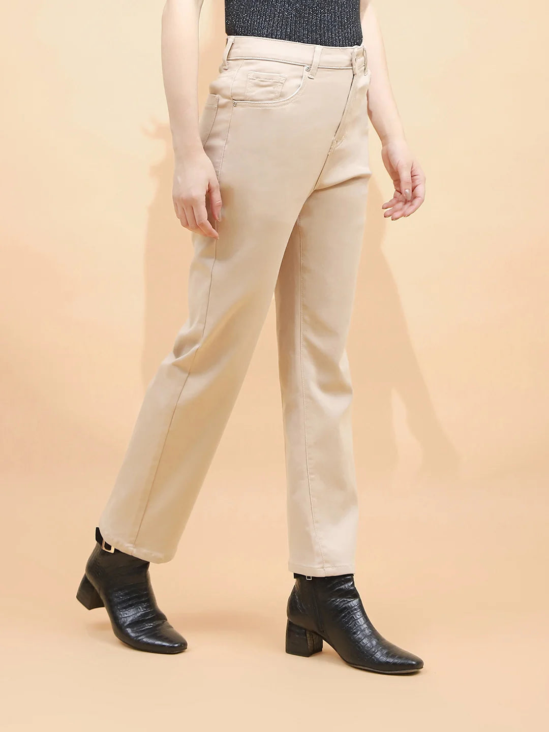 Fawn Cotton Blend Regular Fit Trouser For Women