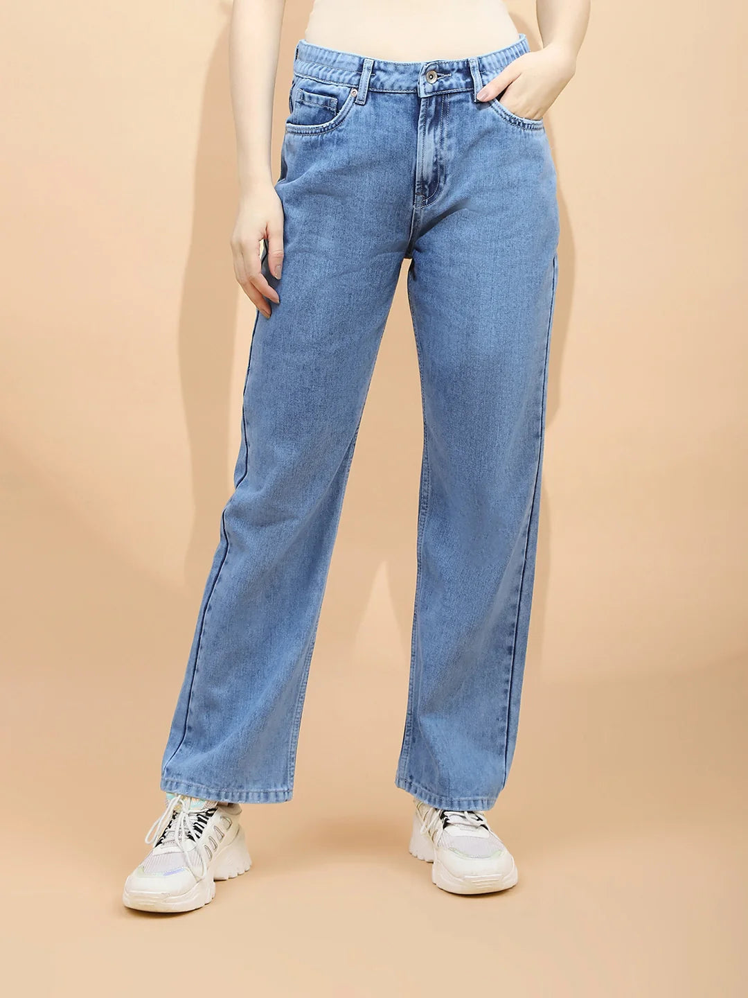 Blue Cotton Blend Straight Relaxed Fit Jeans For Women