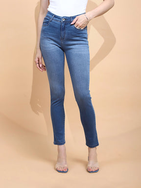 Medium Blue Cotton Blend Slim Fit Jeans For Women