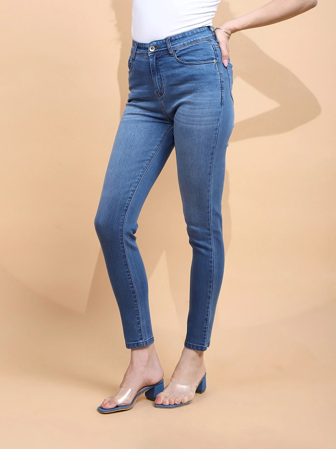 Medium Blue Cotton Blend Slim Fit Jeans For Women