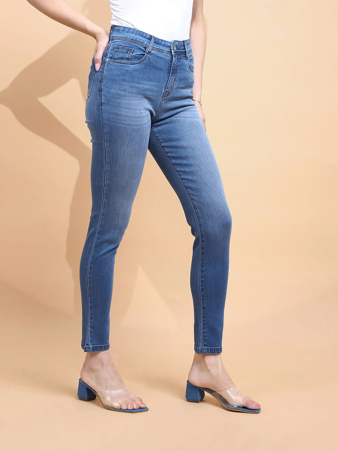 Medium Blue Cotton Blend Slim Fit Jeans For Women