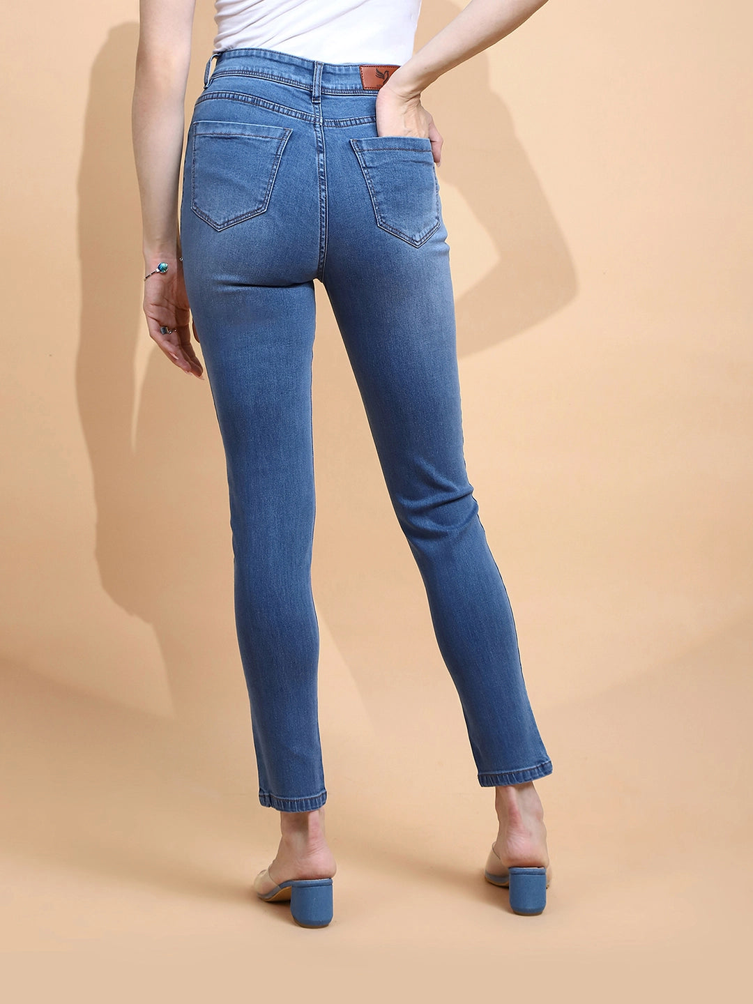 Medium Blue Cotton Blend Slim Fit Jeans For Women