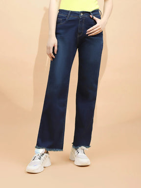 Dark Blue Cotton Blend Straight Relaxed Fit Jeans For Women