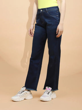 Dark Blue Cotton Blend Straight Relaxed Fit Jeans For Women