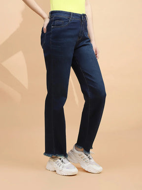 Dark Blue Cotton Blend Straight Relaxed Fit Jeans For Women