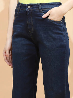 Dark Blue Cotton Blend Straight Relaxed Fit Jeans For Women