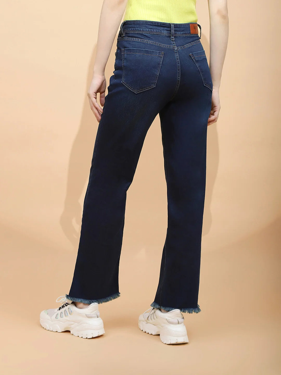 Dark Blue Cotton Blend Straight Relaxed Fit Jeans For Women