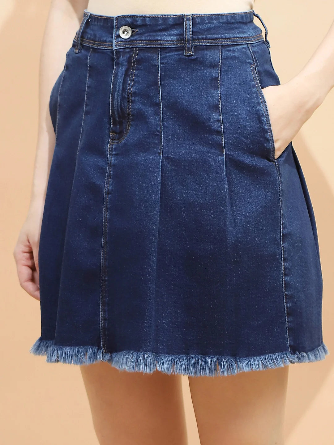 Dark Blue Cotton Blend Regular Fit Skirt For Women