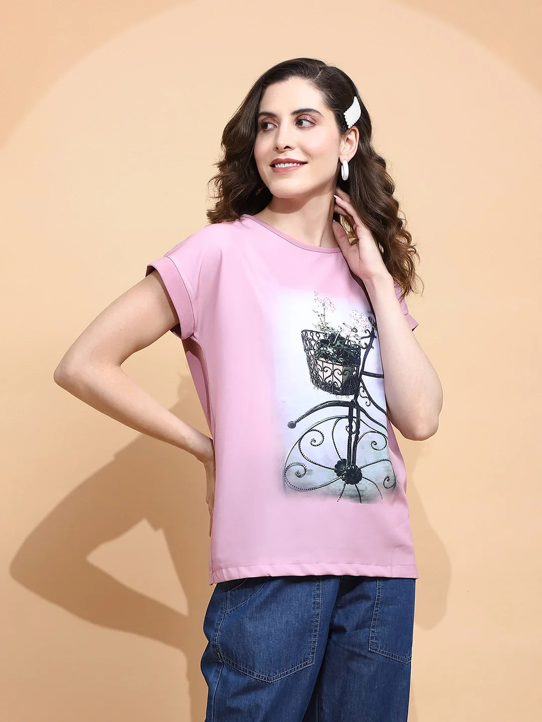 Pastel Pink Cotton Regular Fit Top For Women