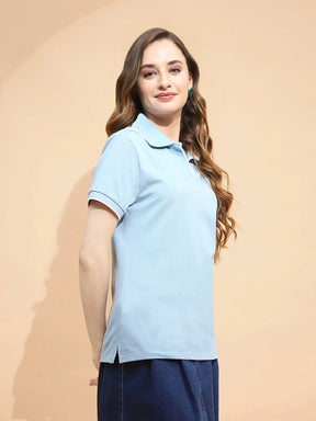 Sky Blue Cotton Blend Regular Fit T-Shirt For Women
