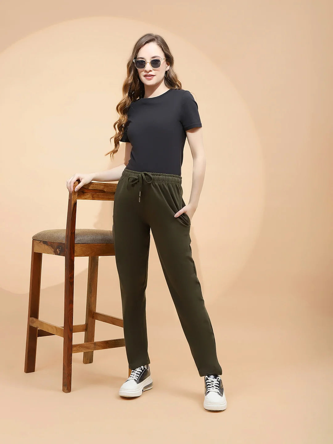 Olive Green Cotton Blend Regular Fit Lower For Women