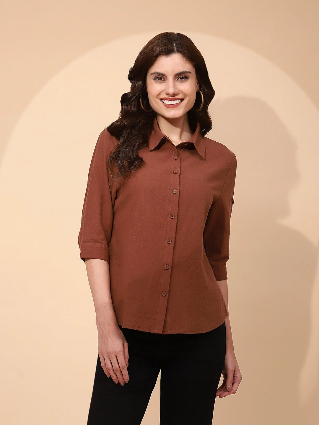 Brown Cotton Regular Fit Shirt For Women