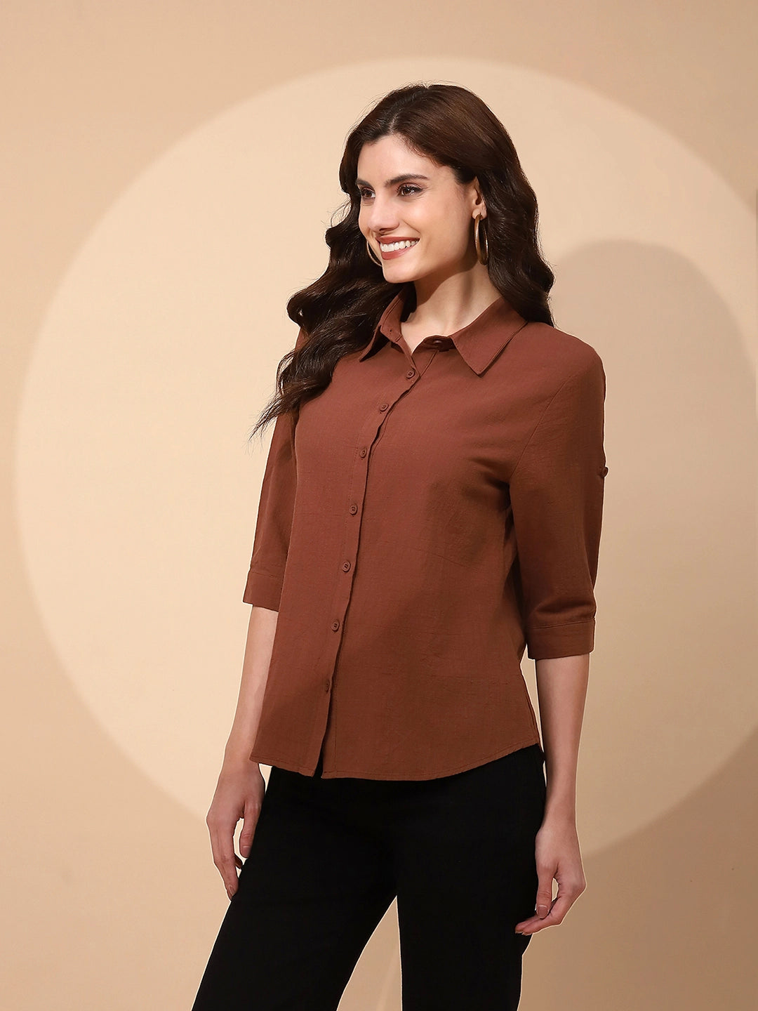 Brown Cotton Regular Fit Shirt For Women