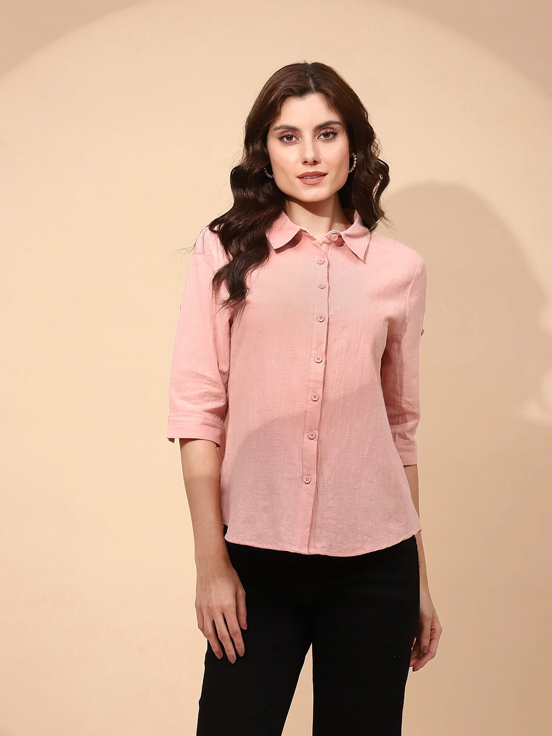 Dusty Rose Pink Cotton Regular Fit Shirt For Women