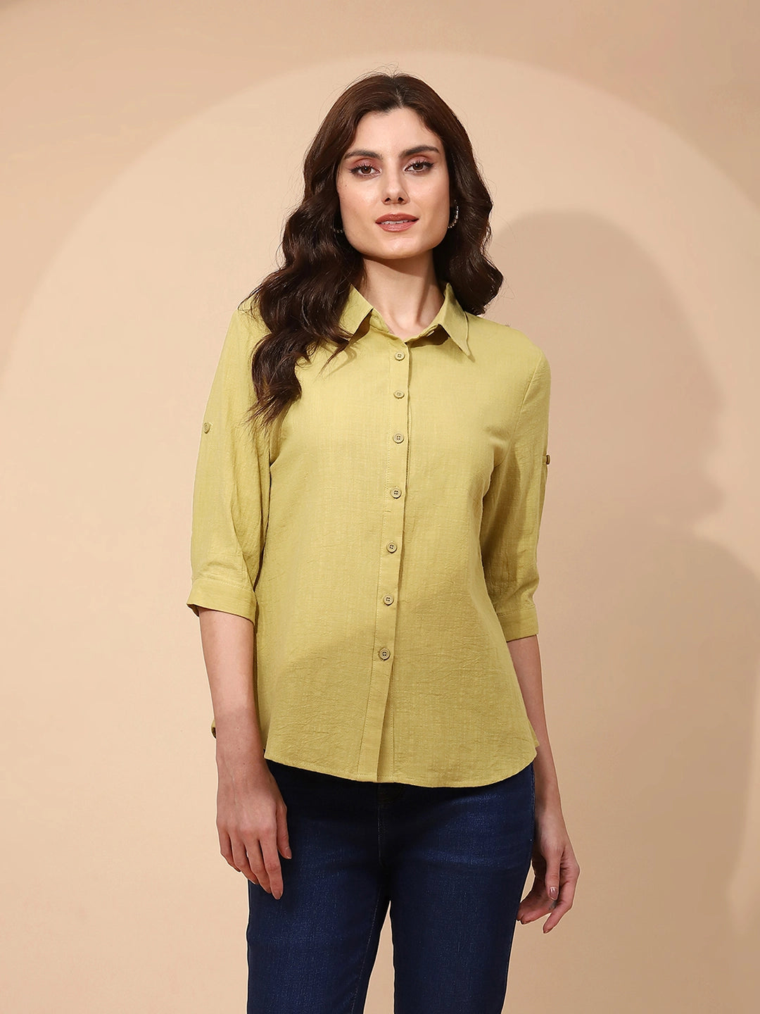 Light Olive Cotton Regular Fit Shirt For Women