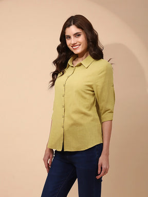 Light Olive Cotton Regular Fit Shirt For Women