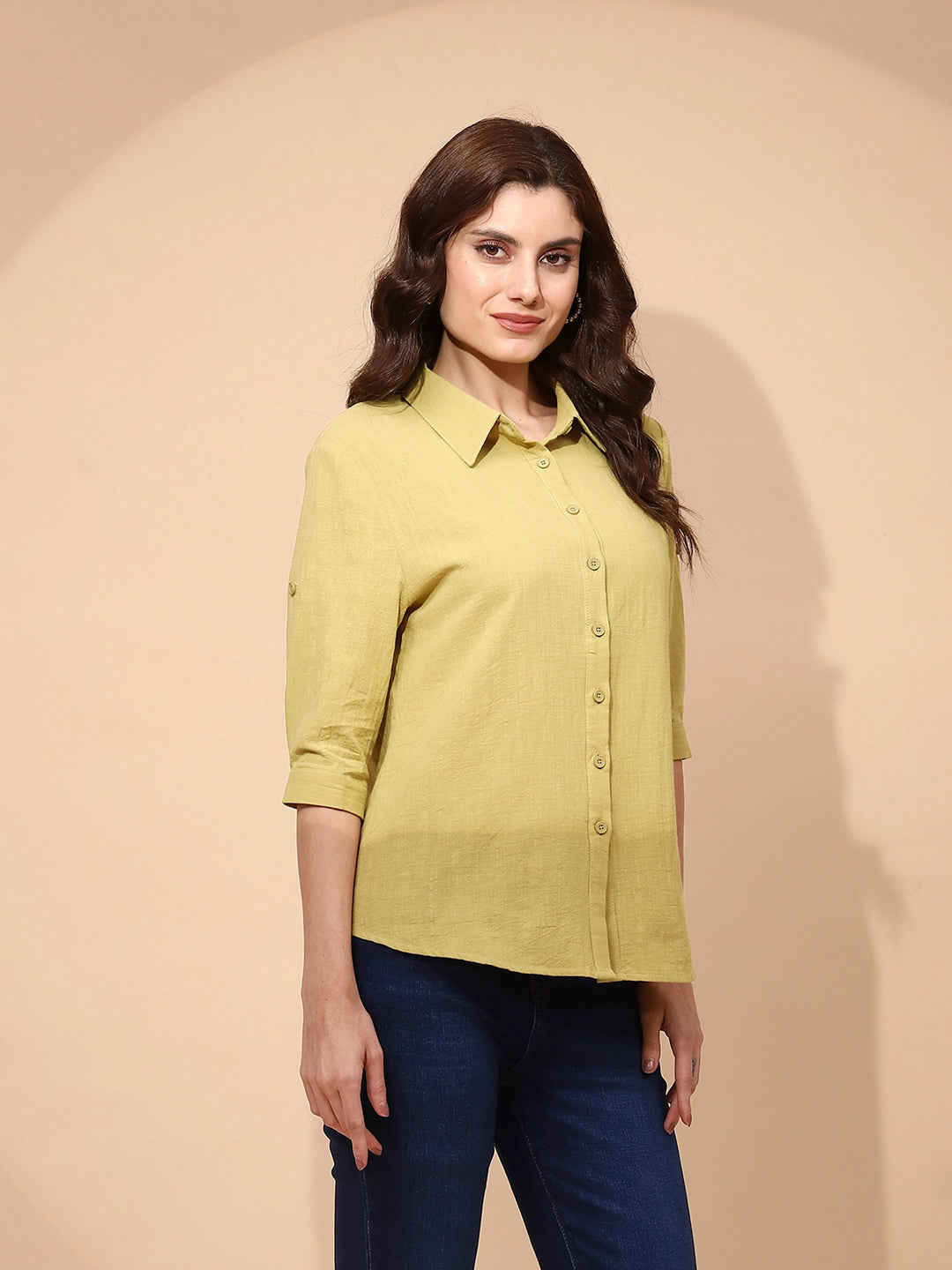 Light Olive Cotton Regular Fit Shirt For Women