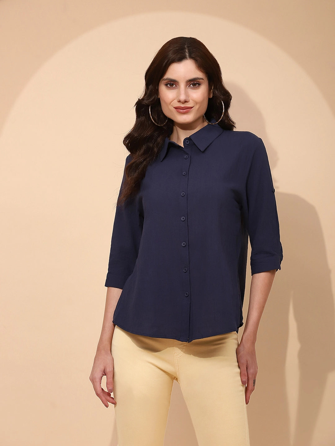 Navy Blue Cotton Regular Fit Shirt For Women